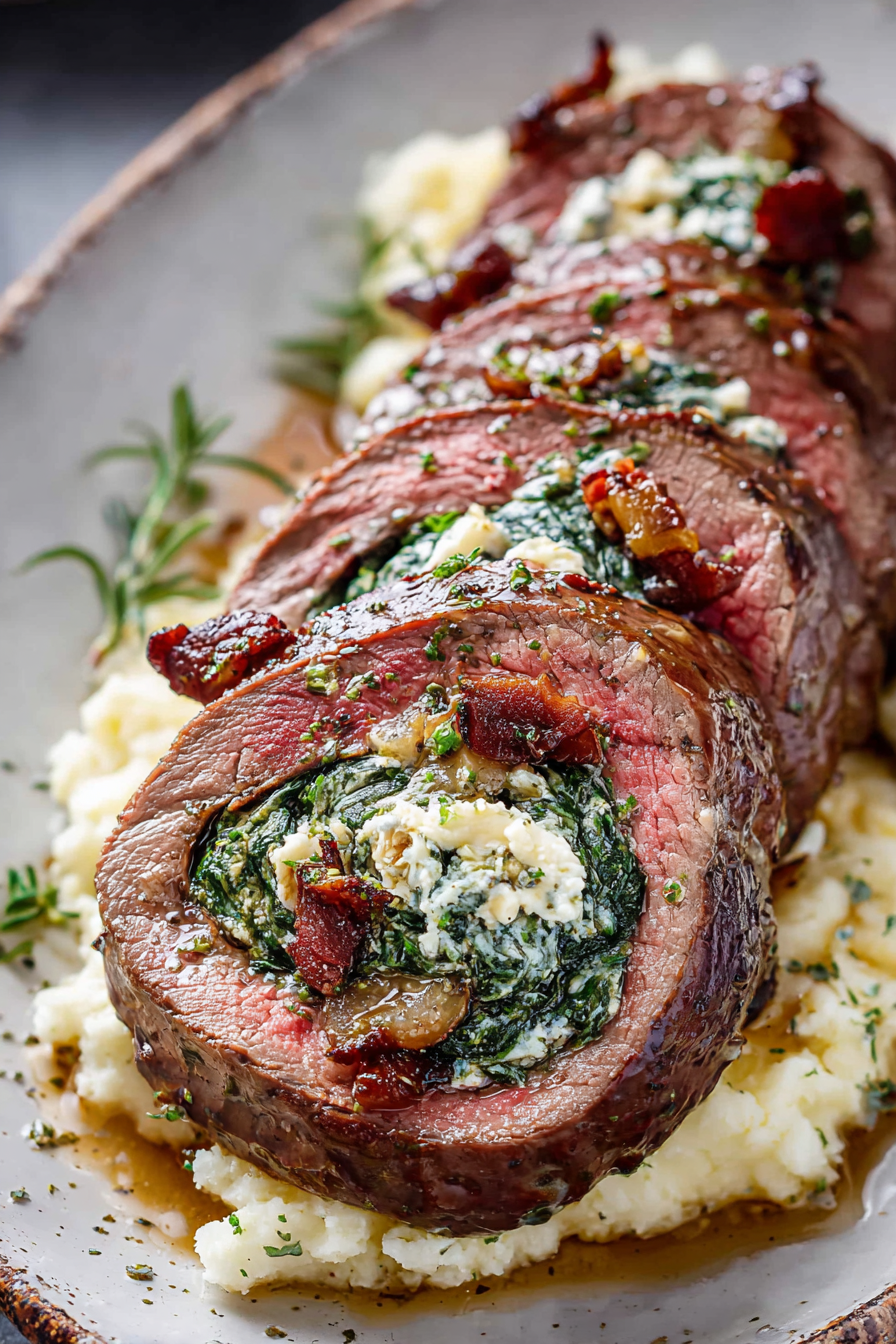 Delish Mushroom Spinach Stuffed Flank Steak