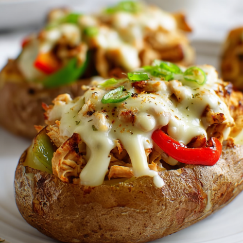 Easy Chicken Cheesesteak Baked Potatoes