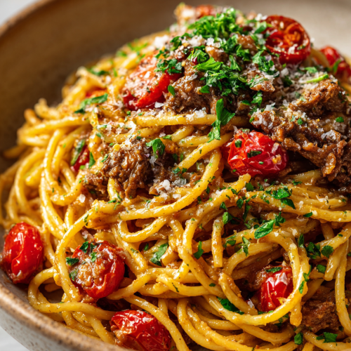 Cajun Beef Spaghetti in Creamy Cheese Sauce