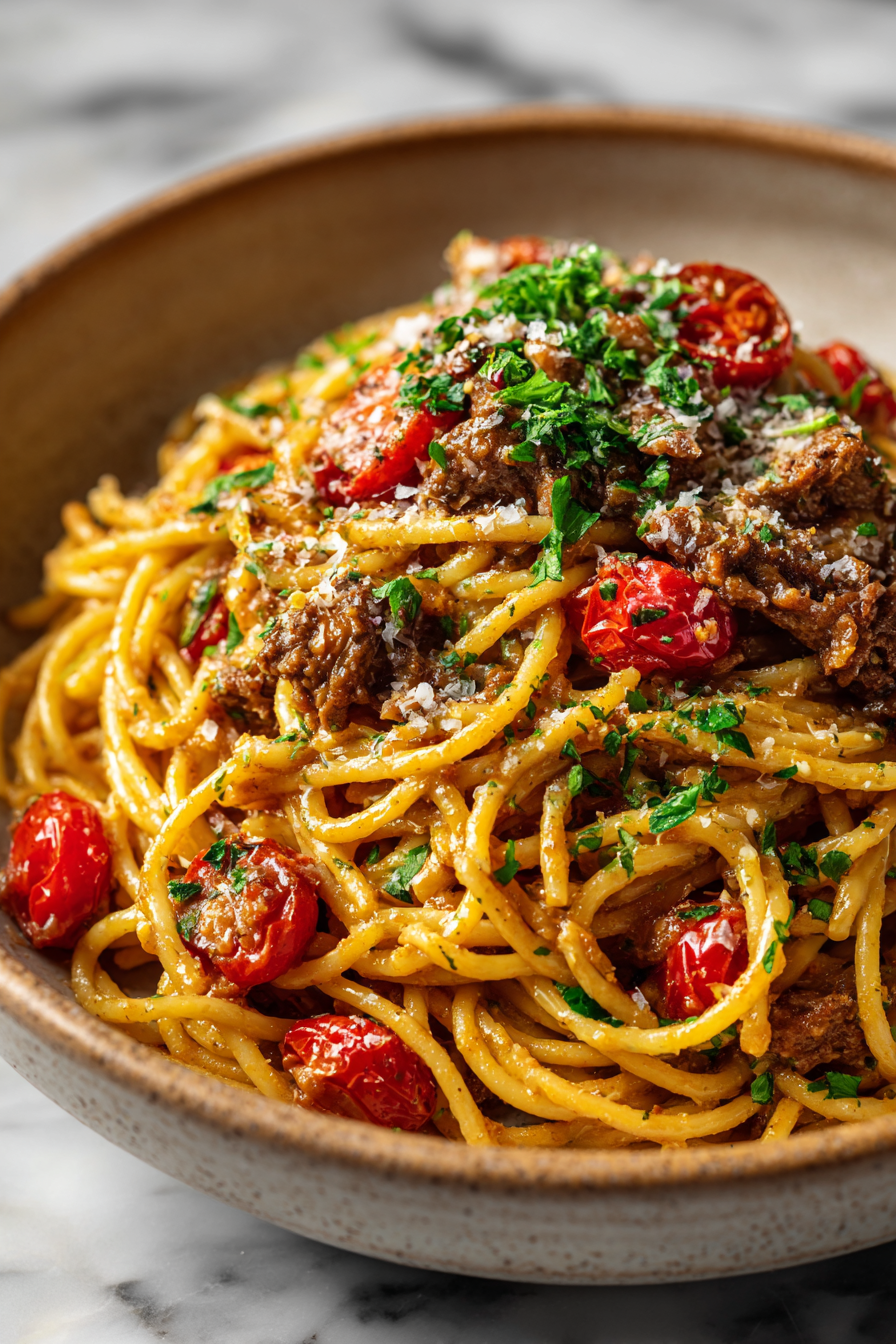 Cajun Beef Spaghetti in Creamy Cheese Sauce