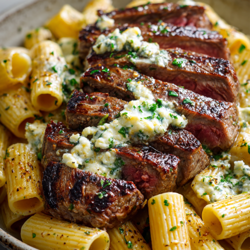 Cheesy Garlic Butter Steak with Rigatoni