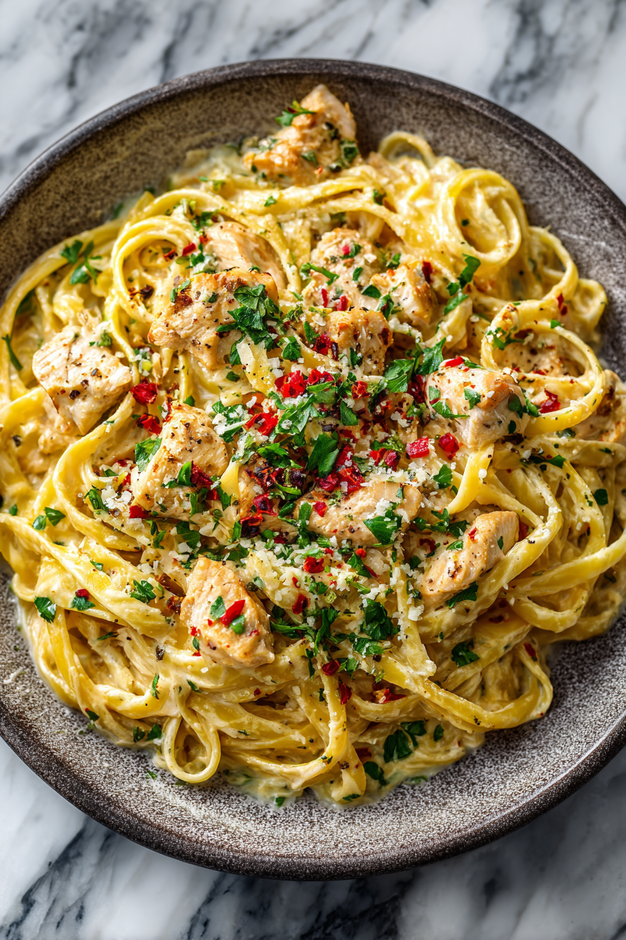 Creamy Chicken Fettuccine with Garlic Sauce