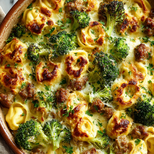 Creamy Garlic Sausage Tortellini Bake
