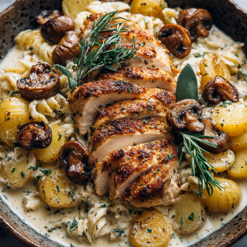 Crispy Chicken Chestnut Garlic Alfredo