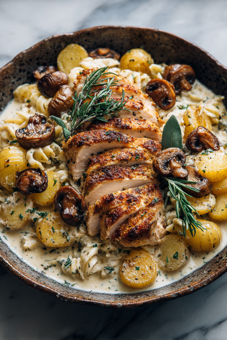 Crispy Chicken Chestnut Garlic Alfredo