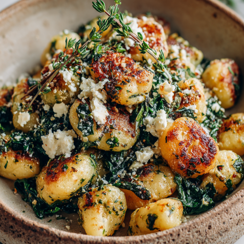 Crispy Gnocchi with Spinach and Feta