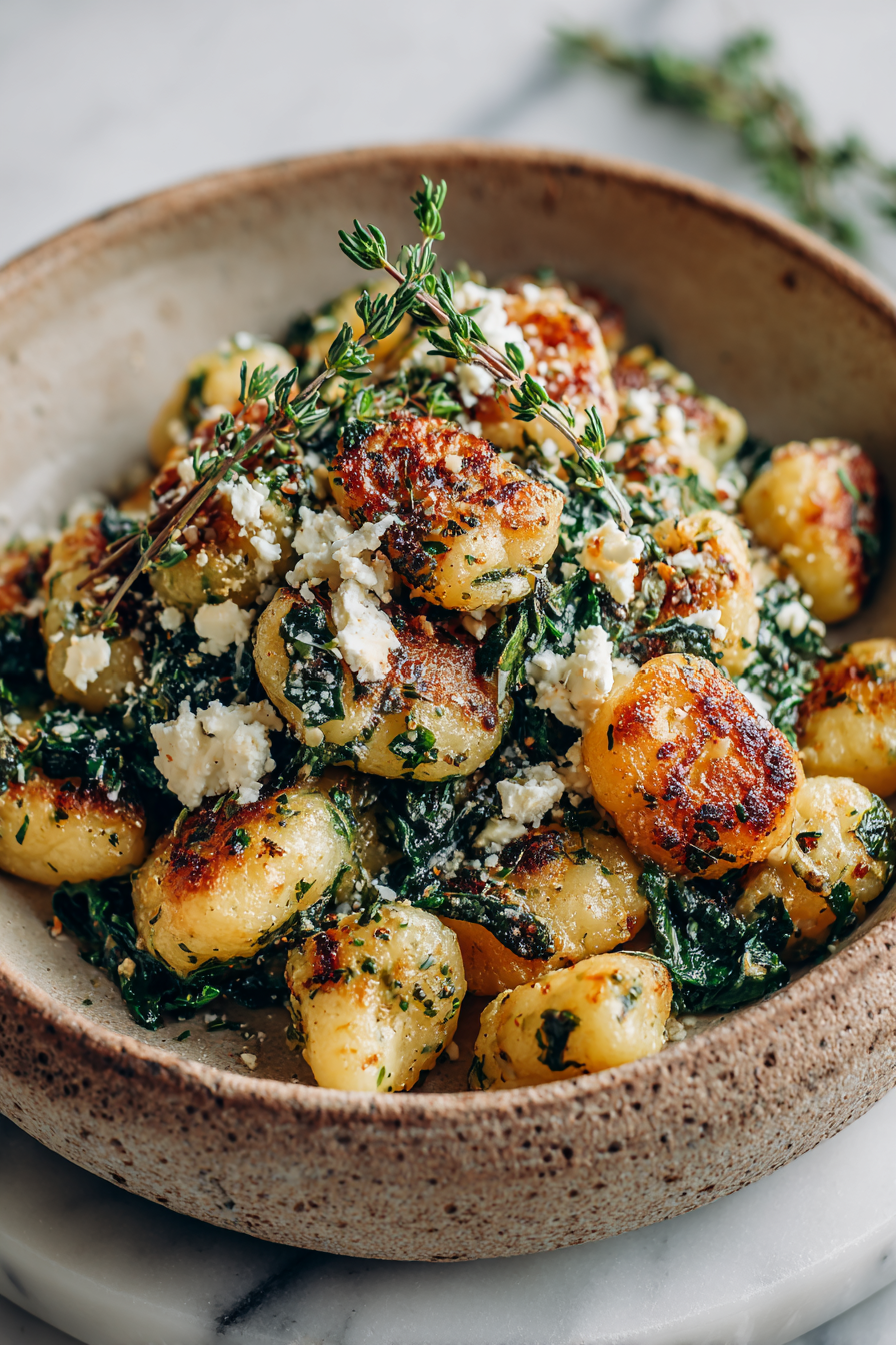 Crispy Gnocchi with Spinach and Feta