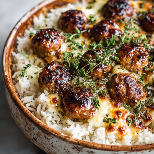 Easy Honey Garlic Meatball Rice Bake