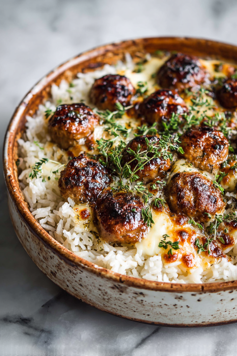 Easy Honey Garlic Meatball Rice Bake
