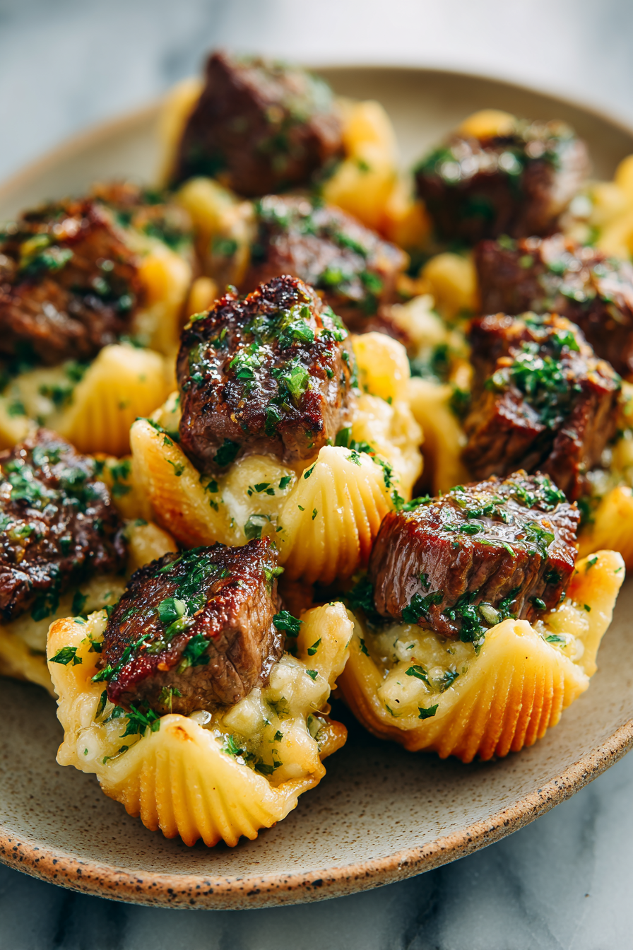 Garlic Butter Steak Bites with Cheddar Shells