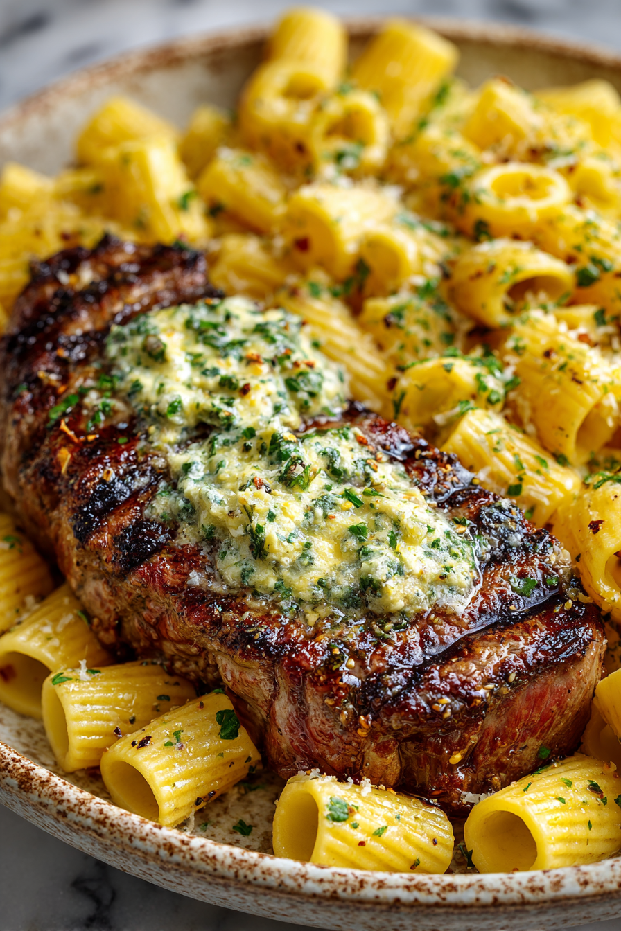 Garlic Butter Steak with Parmesan Rigatoni