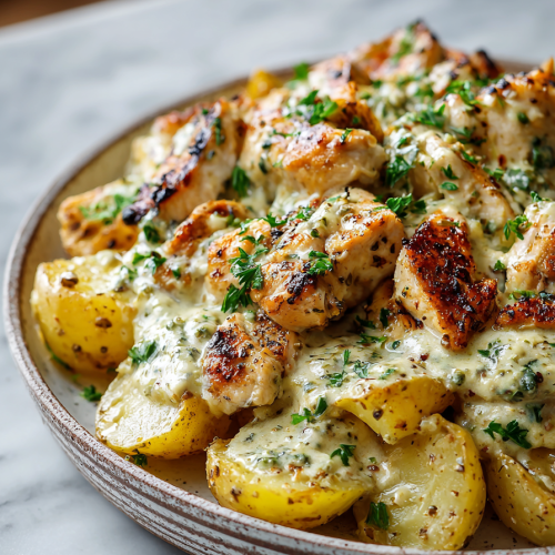 Greek Chicken Alfredo with Garlic Potatoes