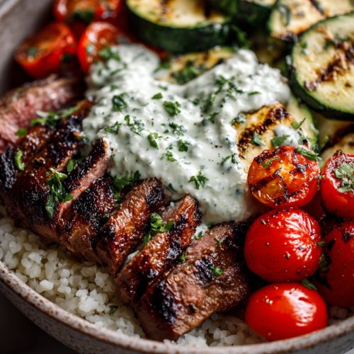 Grilled Steak Bowl with Creamy Zucchini