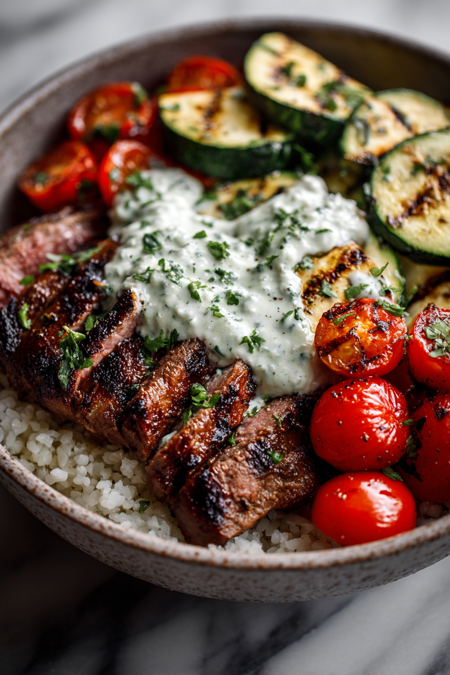 Grilled Steak Bowl with Creamy Zucchini