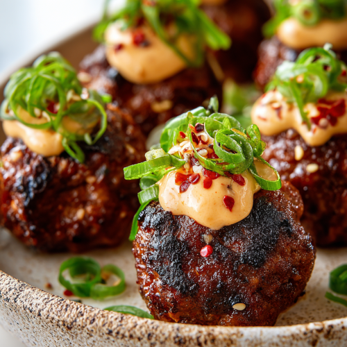 Korean BBQ Meatballs with Spicy Mayo