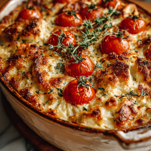 Mediterranean Creamy Chicken Orzo Bake