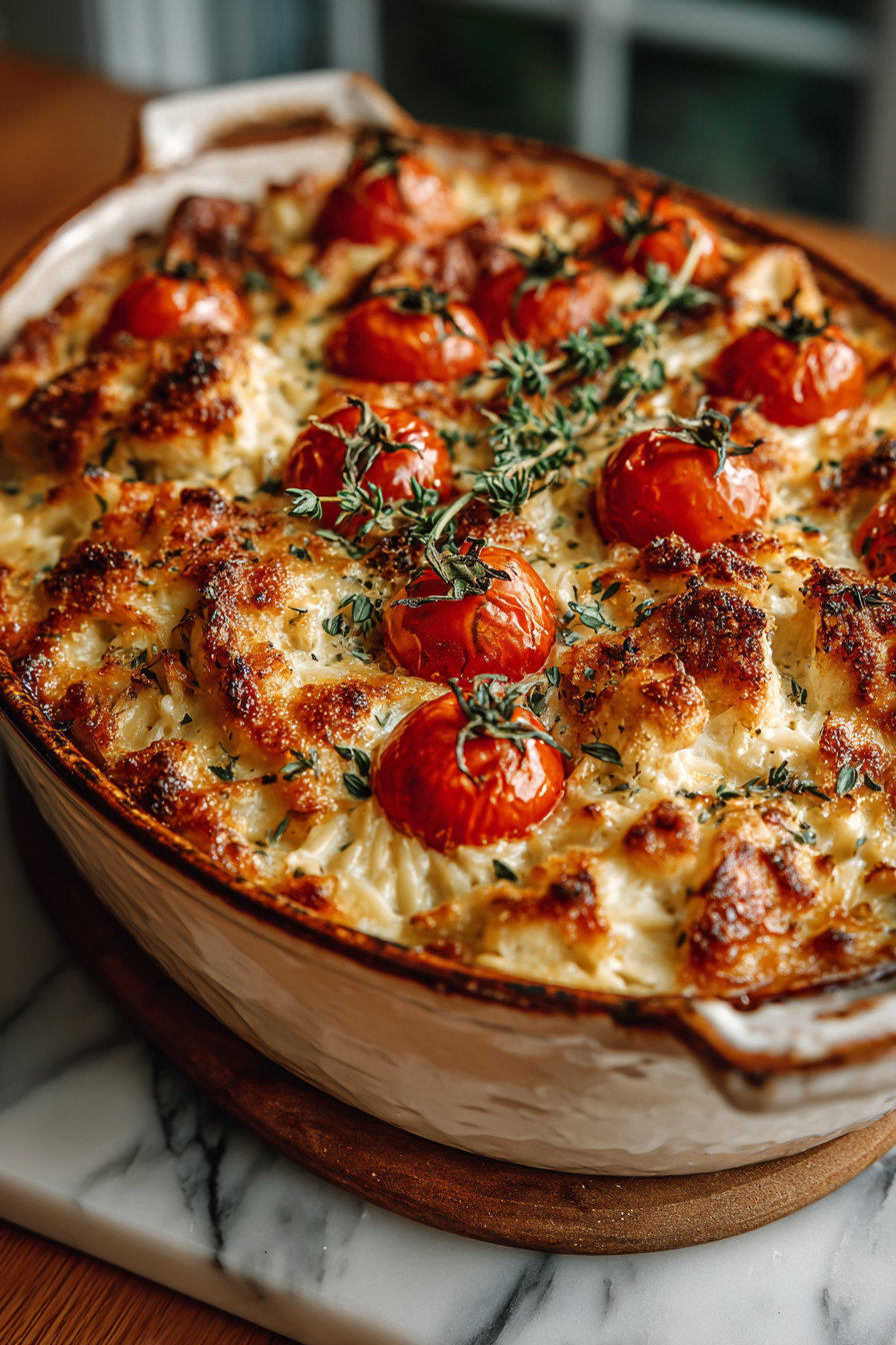 Mediterranean Creamy Chicken Orzo Bake