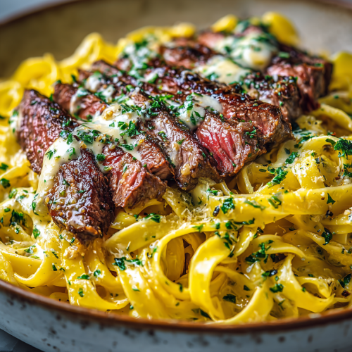 Velveeta Steak Fettuccine with Garlic Butter Sauce