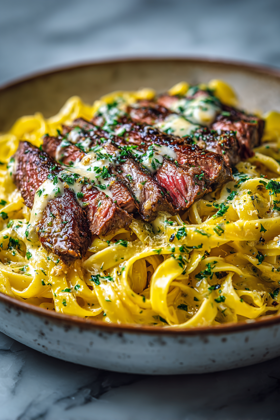 Velveeta Steak Fettuccine with Garlic Butter Sauce
